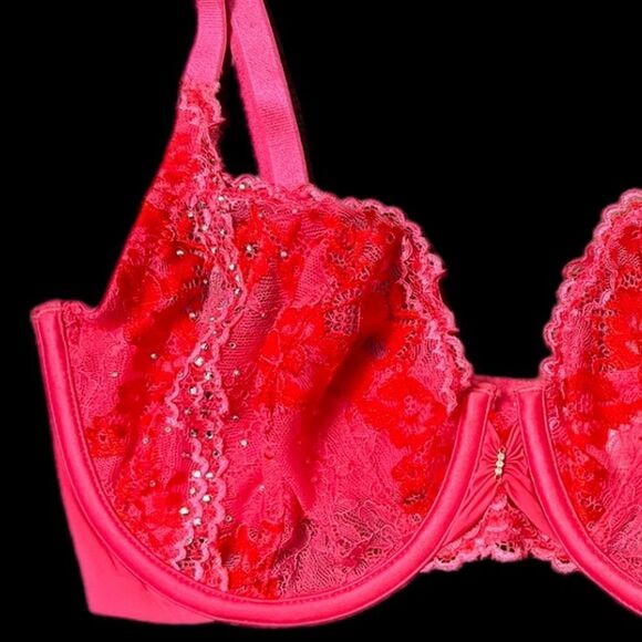 Victoria's Secret Rhinestone Embellished Lace Unlined bra Pink / Red 32DD - Picture 11 of 11